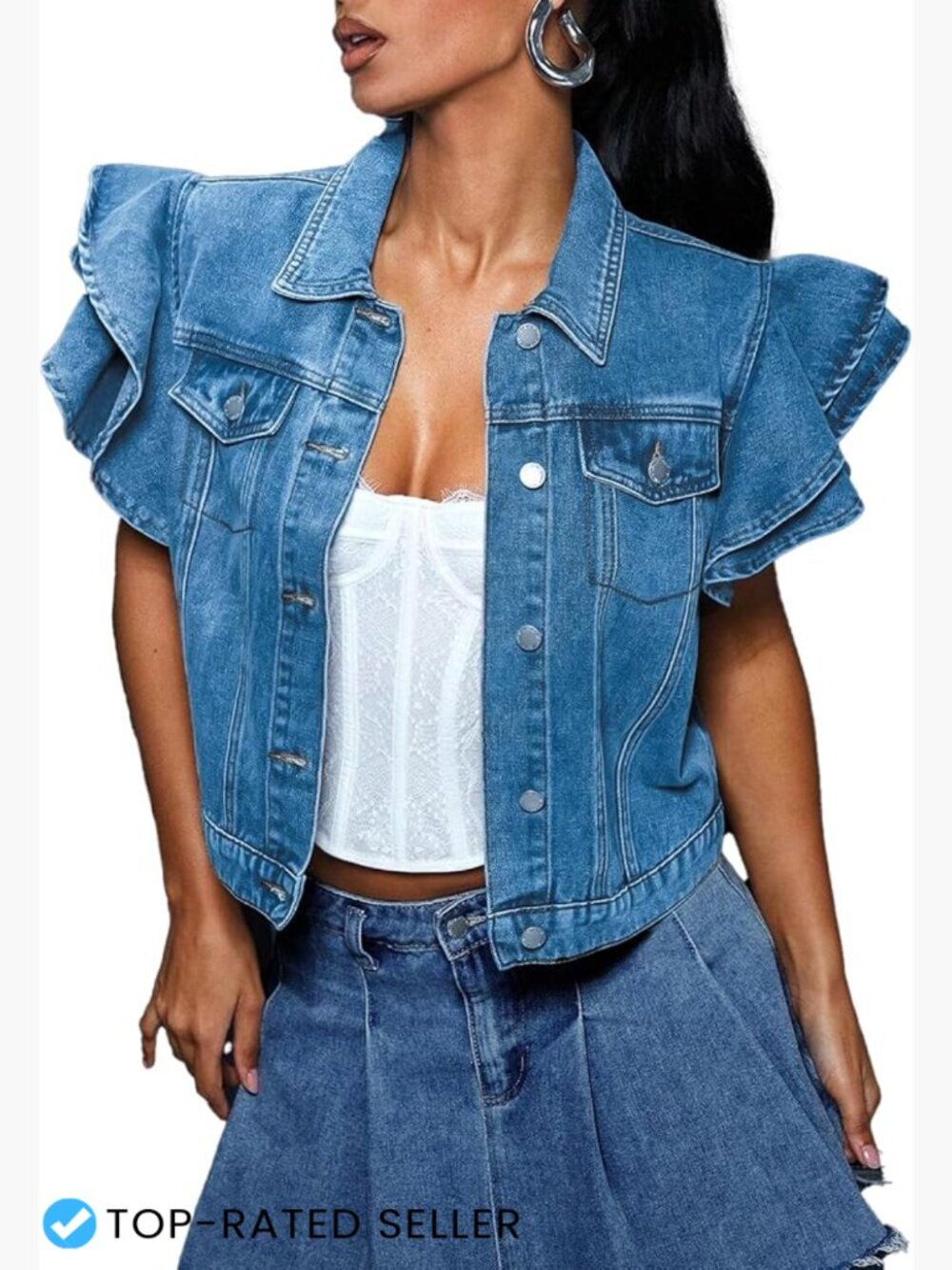 Cropped Denim Jacket Women Ruffle Sleeve Button Down Summer Jean Jacket Classic
